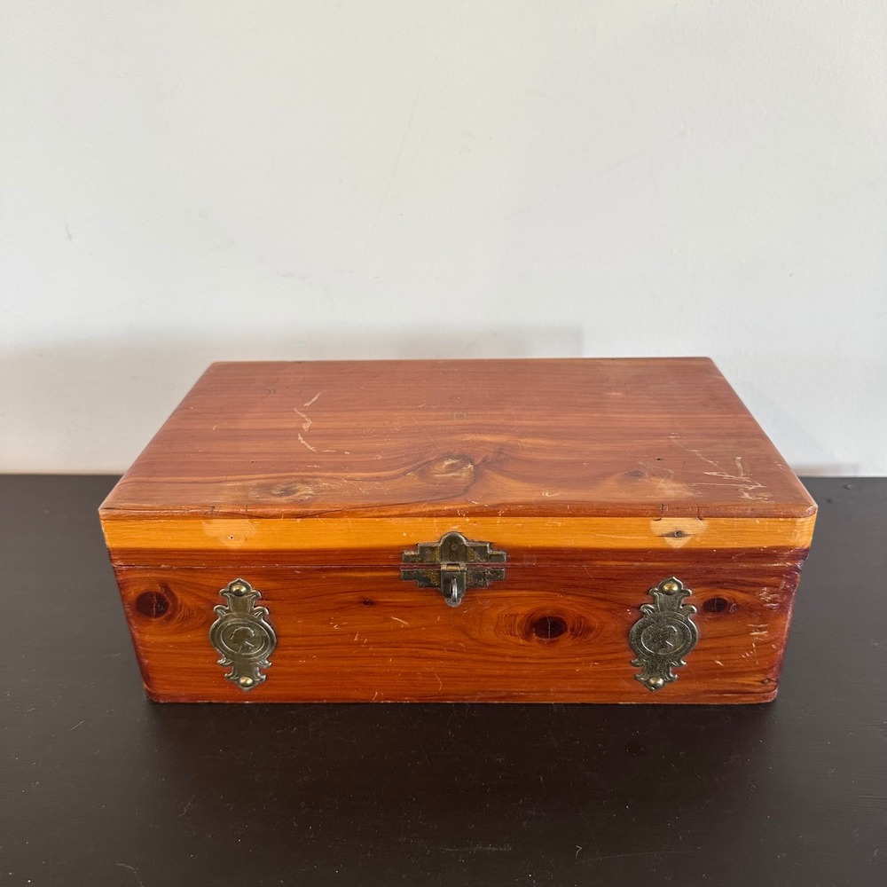 Vintage Cedar Wood Chest Jewelry Keepsake Box with Brass Hardware and Dividers